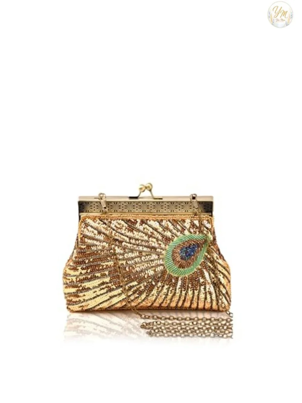 Sequined Peacock Evening Clutch Bag with Kiss Lock Closure - Vintage Women's